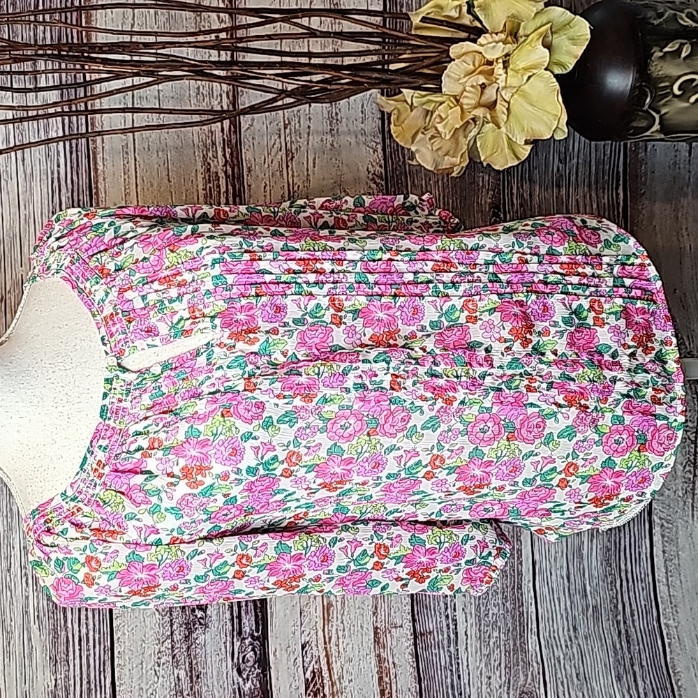 ABERCROMBIE & FITCH SHEER PINK FLORAL 3/4 ELASTIC SLEEVE PULLOVER BLOUSE